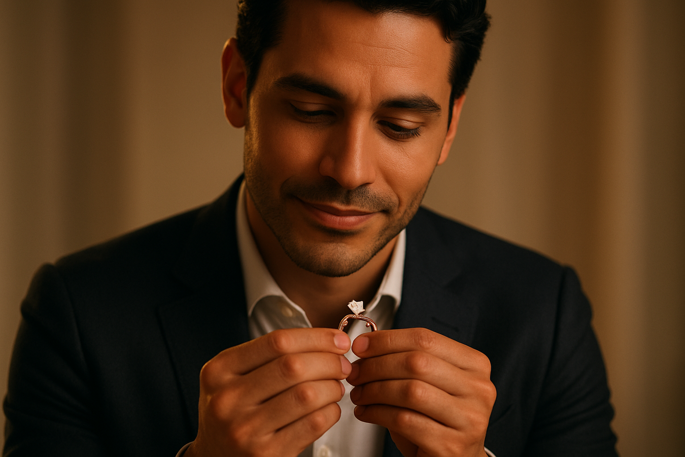 34 year old, elegant Colombian man holding an engagement ring