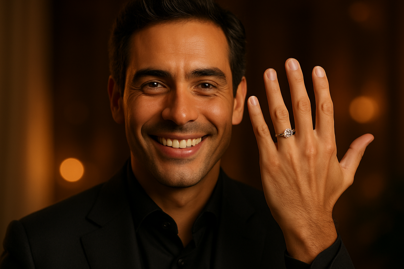 39 year old, elegant colombian man showing a diamond engagement ring