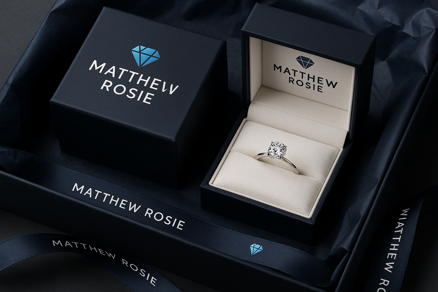 An elegant engagement ring displayed in a luxury ring box, prepared for shipping. The packaging features the brand name Matthew Rosie with brand colors (blue, black, and white). The logo includes a blue diamond element. Showcase a refined, modern, and premium presentation.