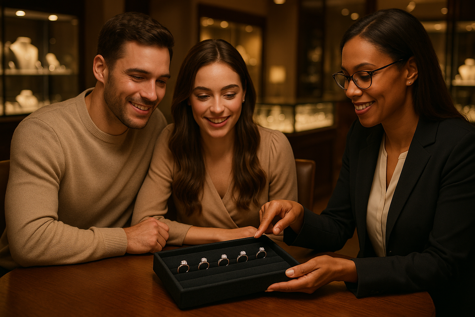 diamond engagemnt ring in person consultation  with a couple in a diamond engagement ring store